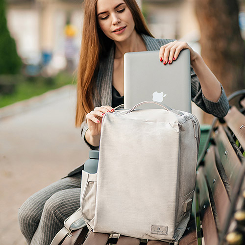 Nordace Siena Smart Backpack Tan Beige USB Charging Port Laptop EUC